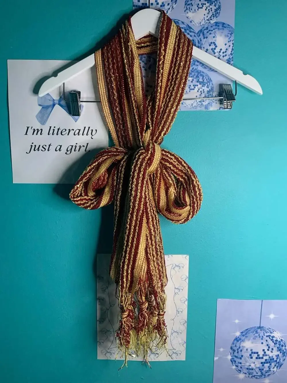 Burgundy and Gold Metallic Stripe Fringe Scarf